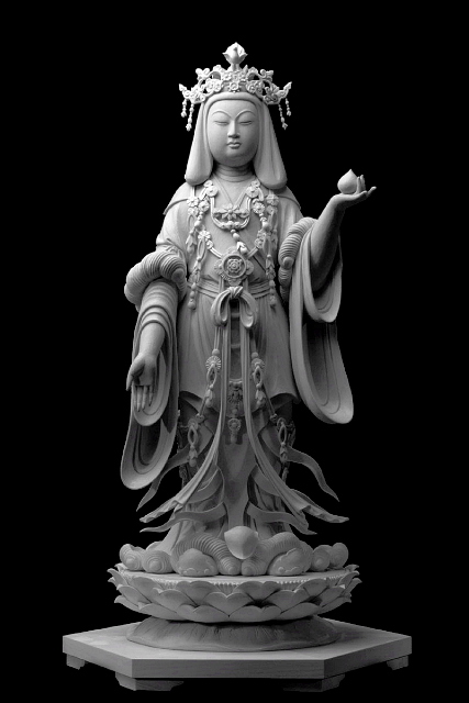 仏像彫刻原田謹刻 吉祥天像(きっしょうてんぞう) 【吉祥天】 福徳安楽を与え,仏法を護持する天女。元はインド神話の神で,美,幸運,繁栄,豊穣をもたらす神とされる。仏教では徳叉迦(とくさか)を父に,鬼子母神を母に生まれ,毘沙門天の妃とされる。通常,天衣宝冠を着け,左手に如意宝珠を捧げ持つ。〈きちじょうてん〉とも読む。